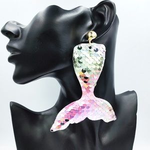 Creative Reflective Sequins Mermaid Tail gold post long Earrings for single ear